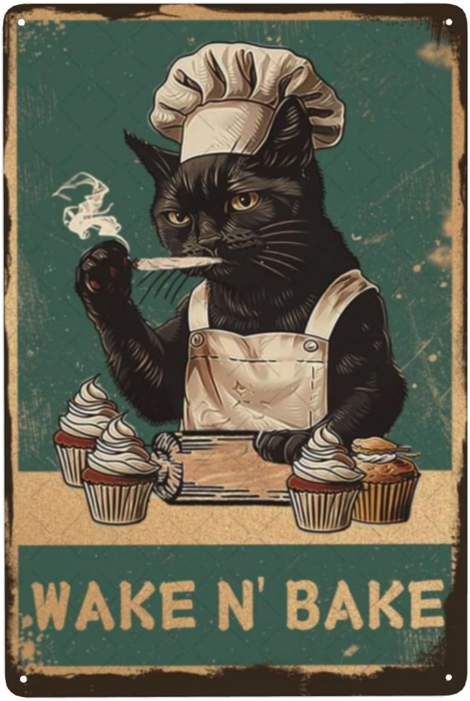 Kitchen Baking Wall Art - Metalowy Znak Wake N' Bake Czarny