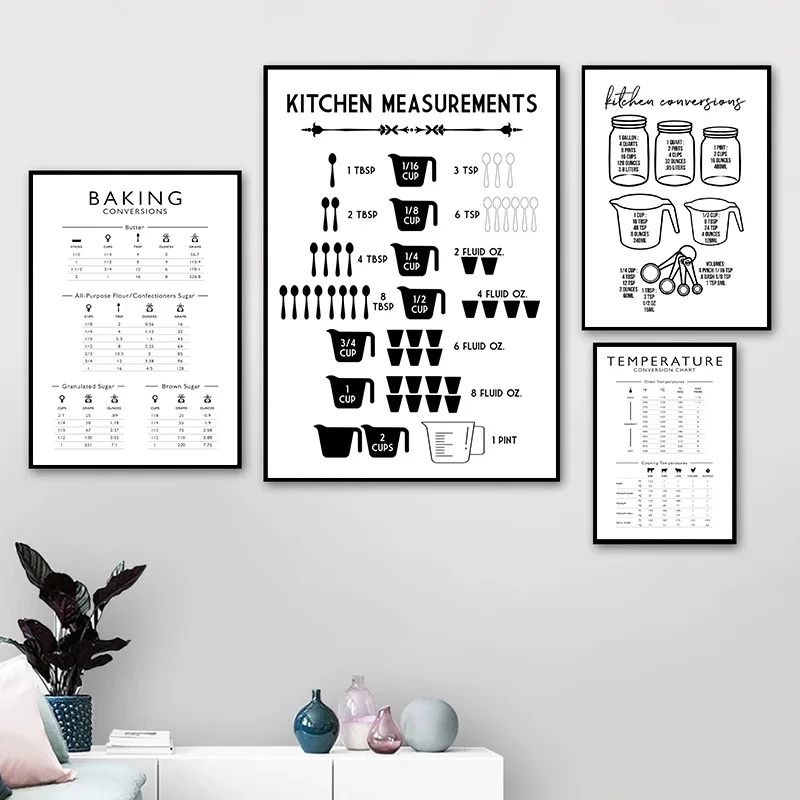 Kitchen Baking Wall Art - Minimalistyczne mierzenia kuchenne, konwersje do pieczenia,